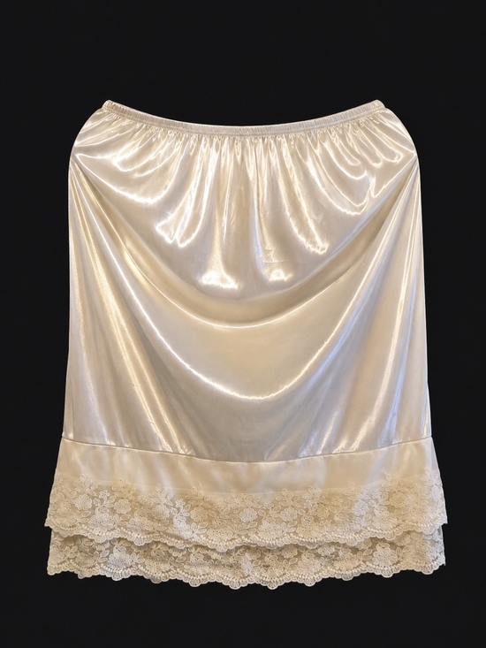 Vintage Dresses & Skirts - Vintage Cream Satin Midi Skirt with Lace Trim
